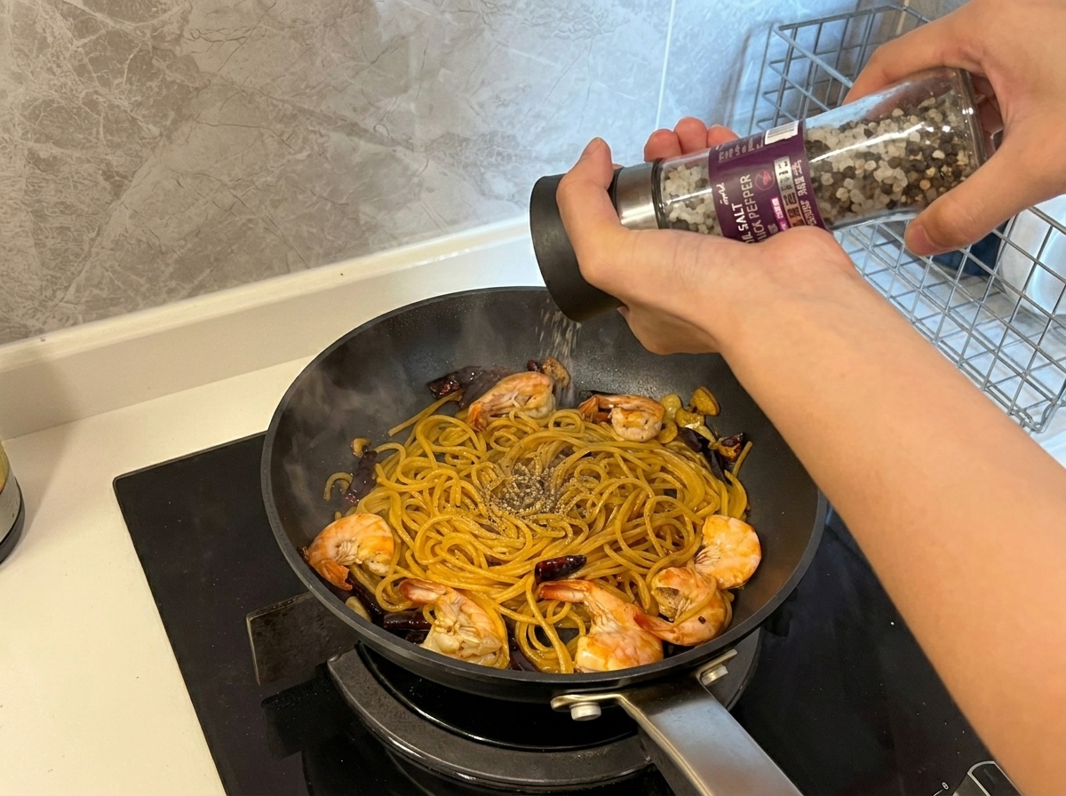 仕上げに黒胡椒をたっぷり挽き、味を引き締めている様子。