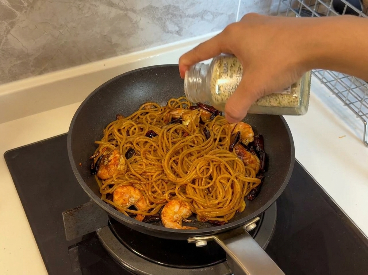 完成したパスタに乾燥パセリを振りかけ、彩りを添えている様子。