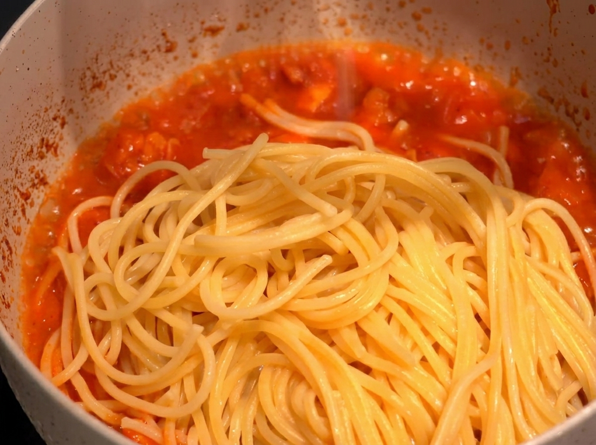 茹で上がったパスタをフライパンに移しソースと和える様子