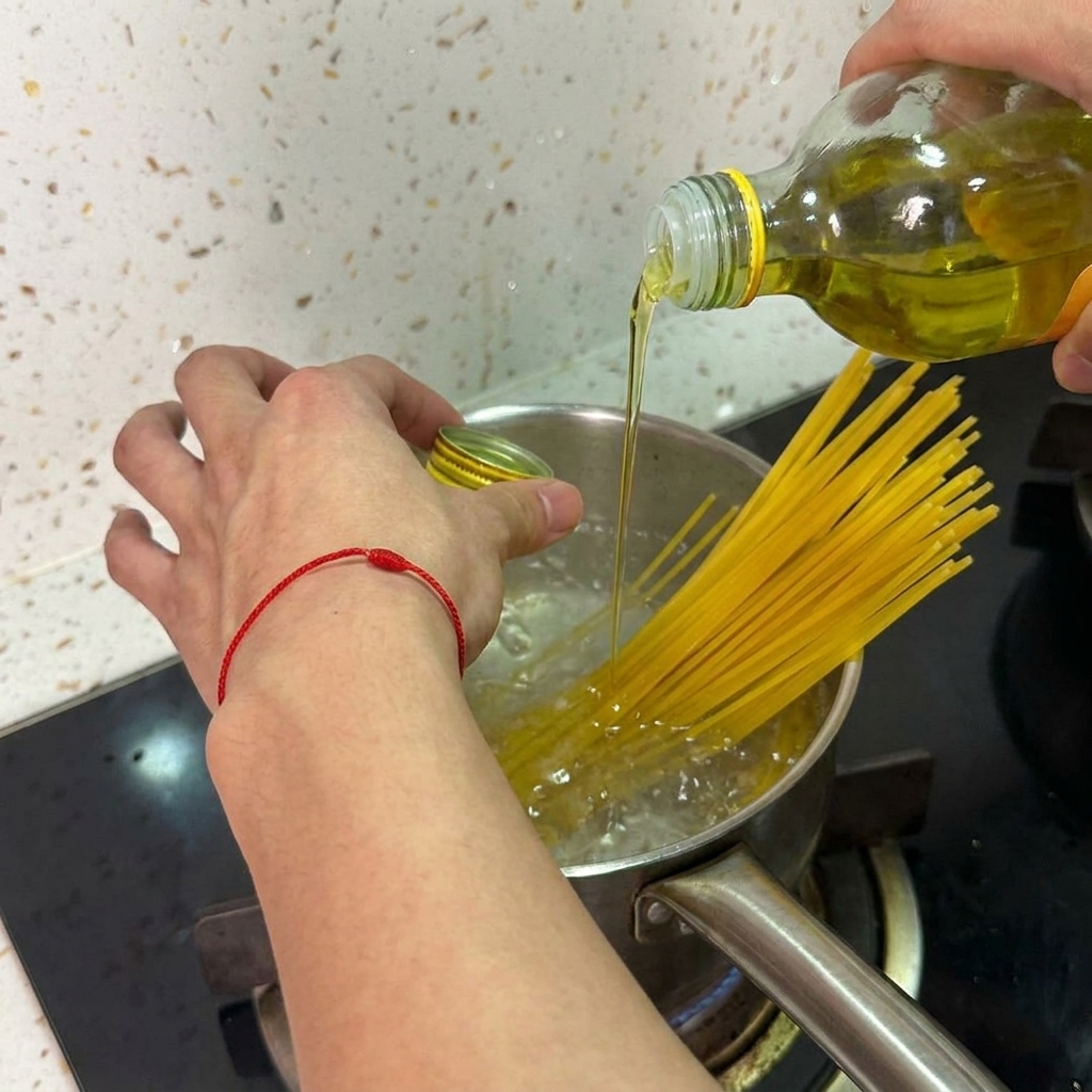 茹でているスパゲッティの鍋に、ガラス瓶から黄金色のオリーブオイルを回し入れている様子。