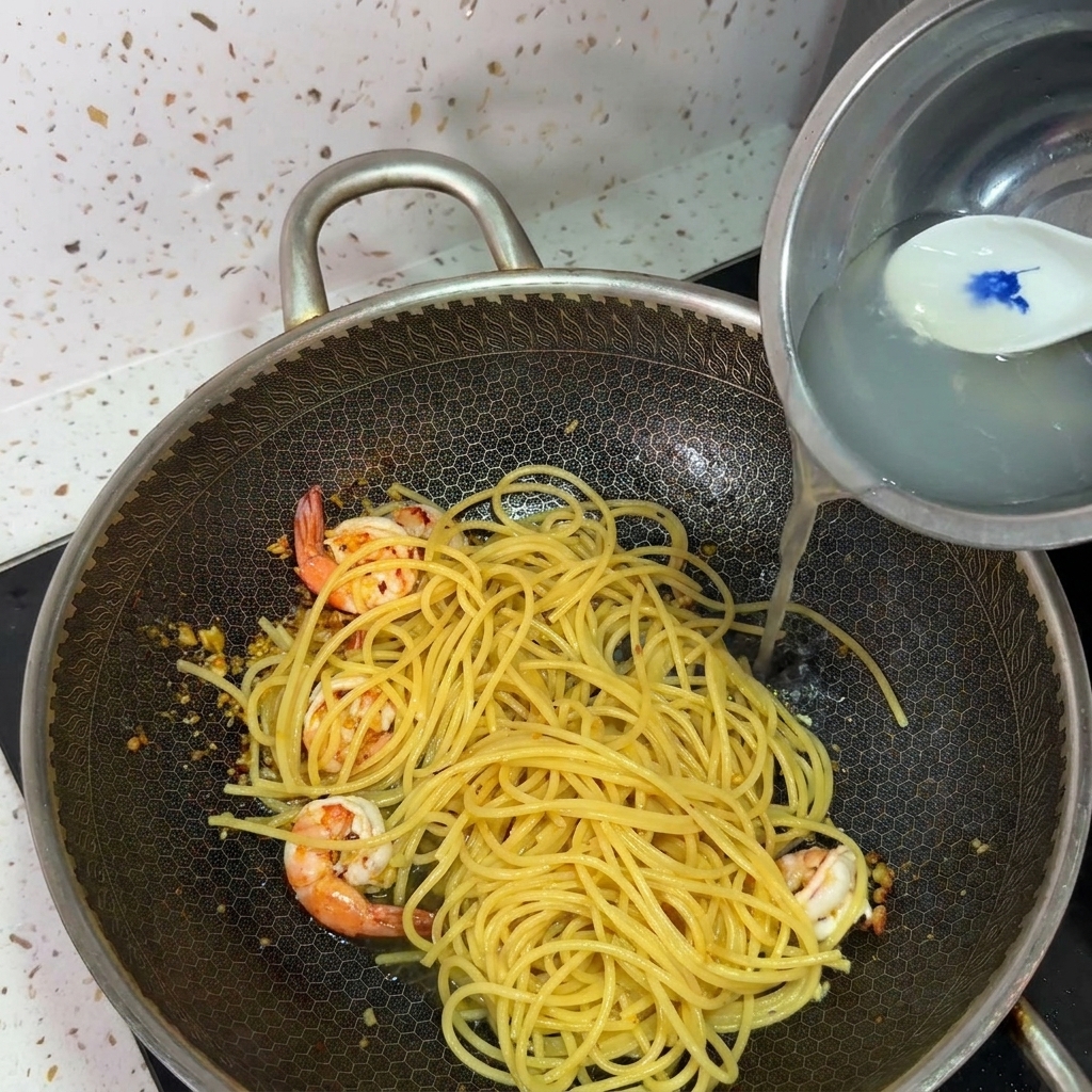 スパゲッティと海老が入ったフライパンに、ボウルから白濁したパスタの茹で汁を注いでいる様子。
