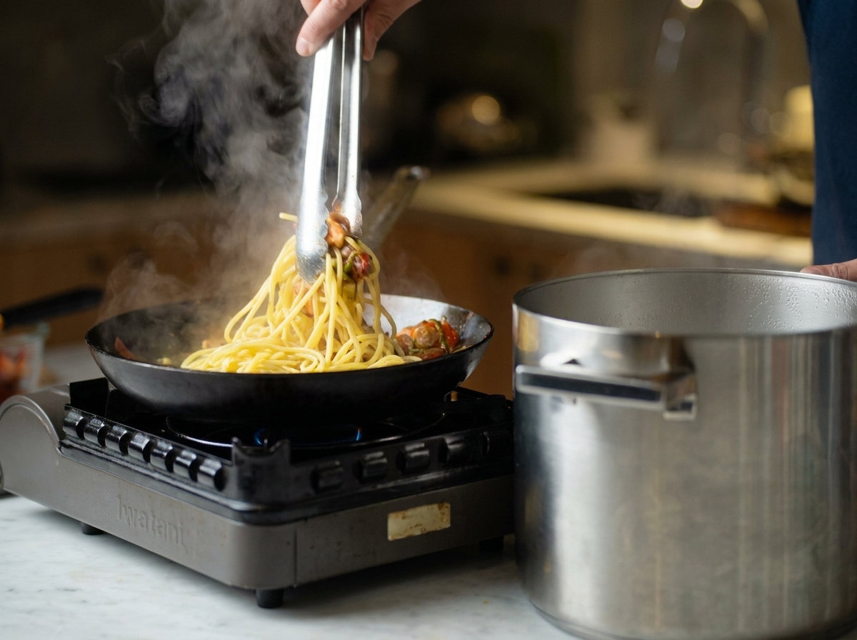 お玉を使って、海老とパスタが入ったフライパンに白濁した茹で汁を注いでいる様子。