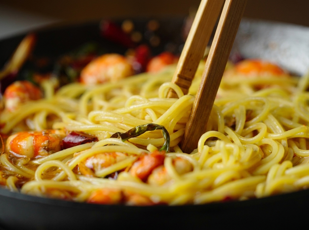フライパンの中で、スパゲッティと海老、唐辛子を箸で激しく混ぜ合わせている様子。