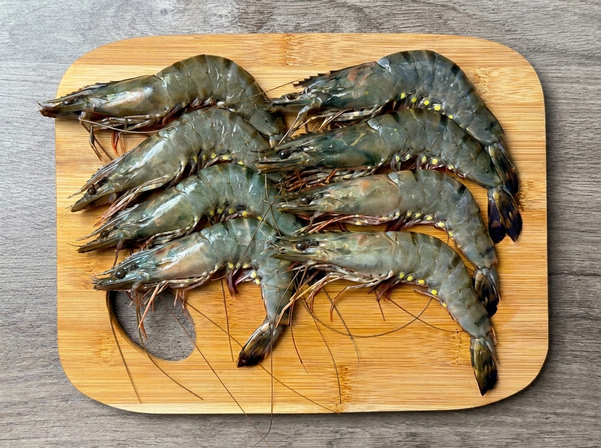 木製のまな板の上に並べられた生の海老。