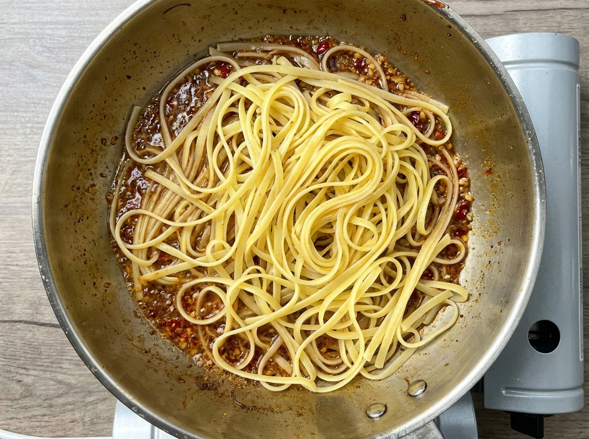 ソースの中でパスタを軽く煮込んでいる様子。