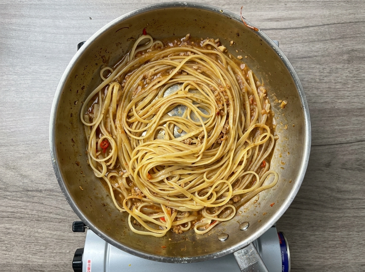 パスタの上に海老を戻している様子。