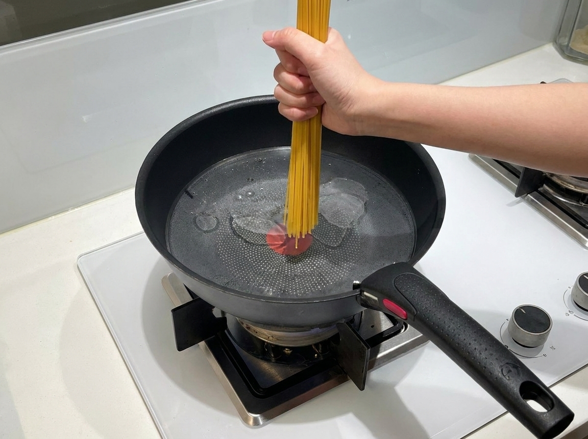 沸騰した鍋にスパゲッティの束を入れ、茹で始めている様子。