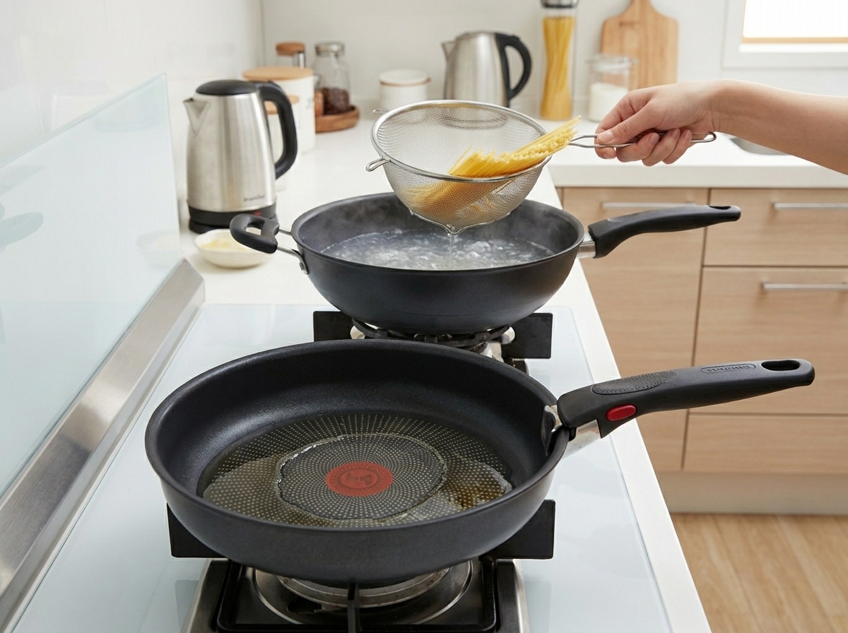茹で上がったパスタを網ですくい、フライパンの横に置いている様子。