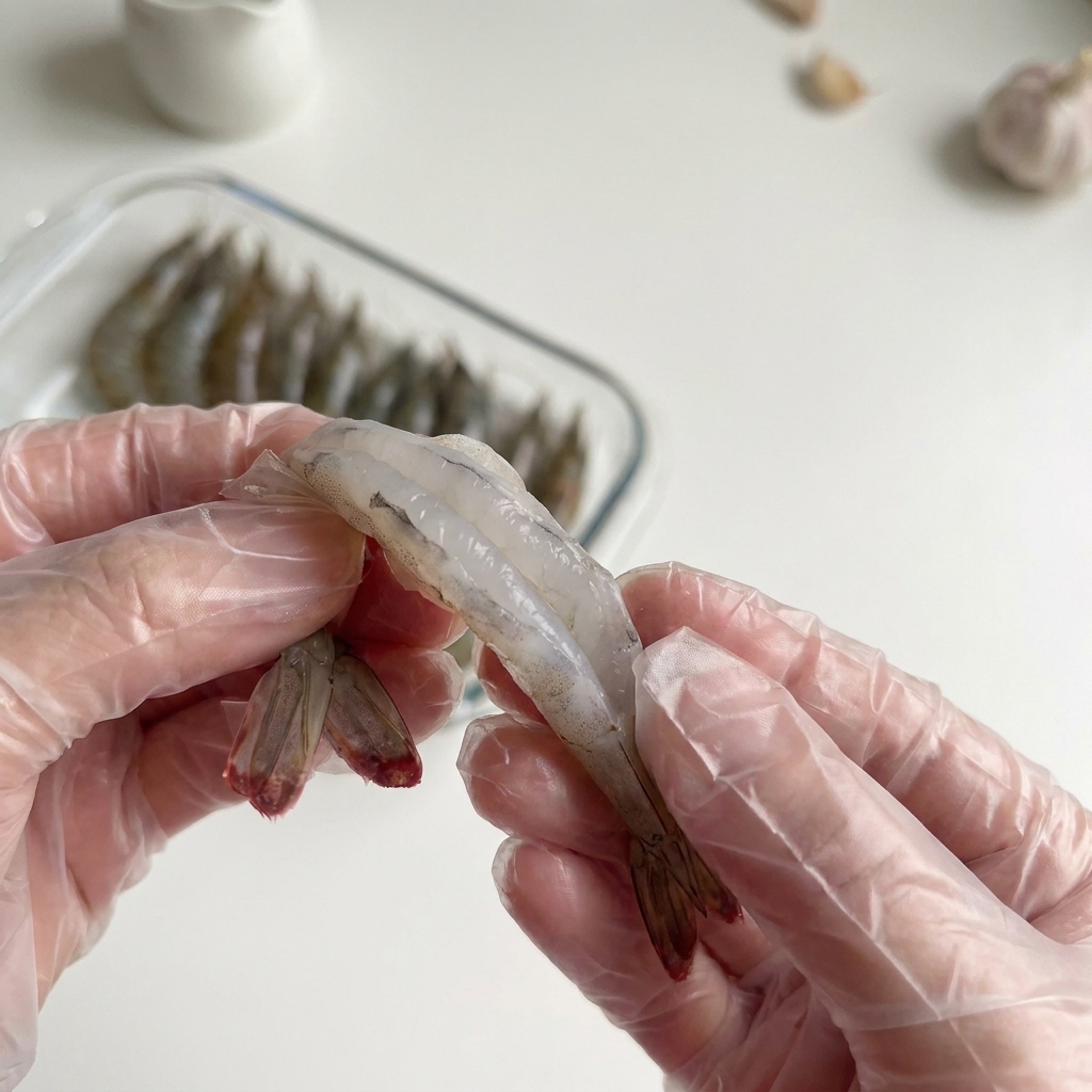 手袋をした手でエビの背わたを丁寧に取り除く様子。