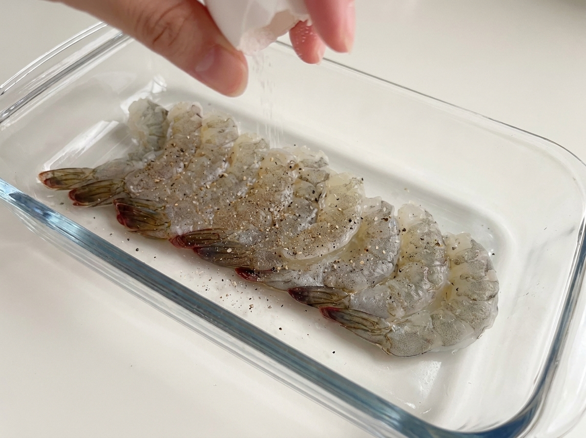 エビに塩と黒こしょうを振りかけて下味をつける様子。
