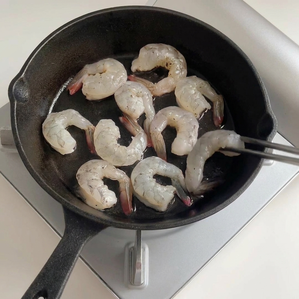 オリーブオイルを引いたスキレットにエビを並べる様子。