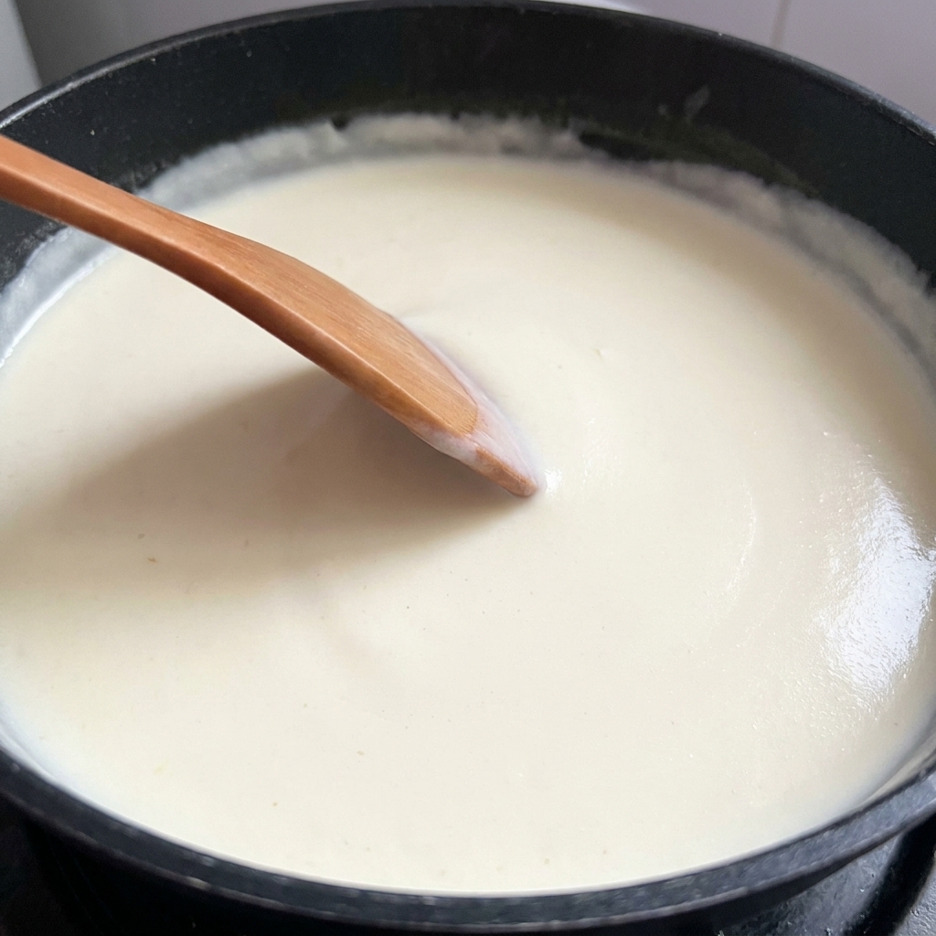 木べらで混ぜながら煮詰めているクリーミーなパスタソース。