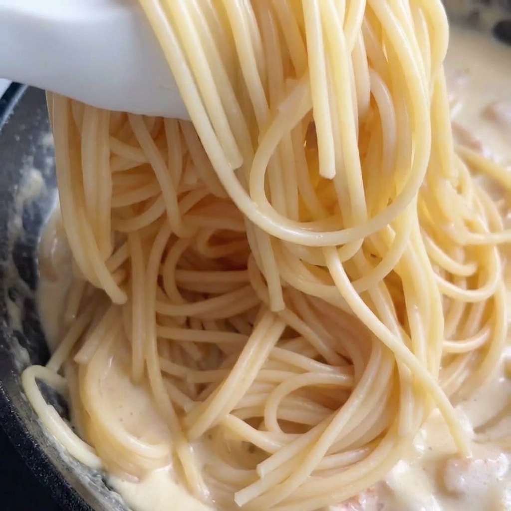 茹で上がったスパゲッティをトングでソースの入ったスキレットに移す様子。