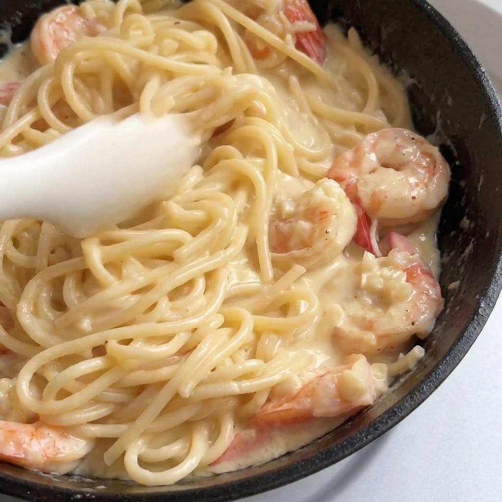 トングを使ってパスタとエビをソースに絡める様子。