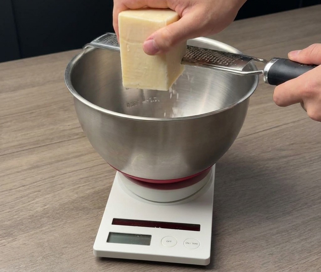 料理用スケールの上に置かれたステンレスボウルに、チーズを細かくすりおろしている様子。