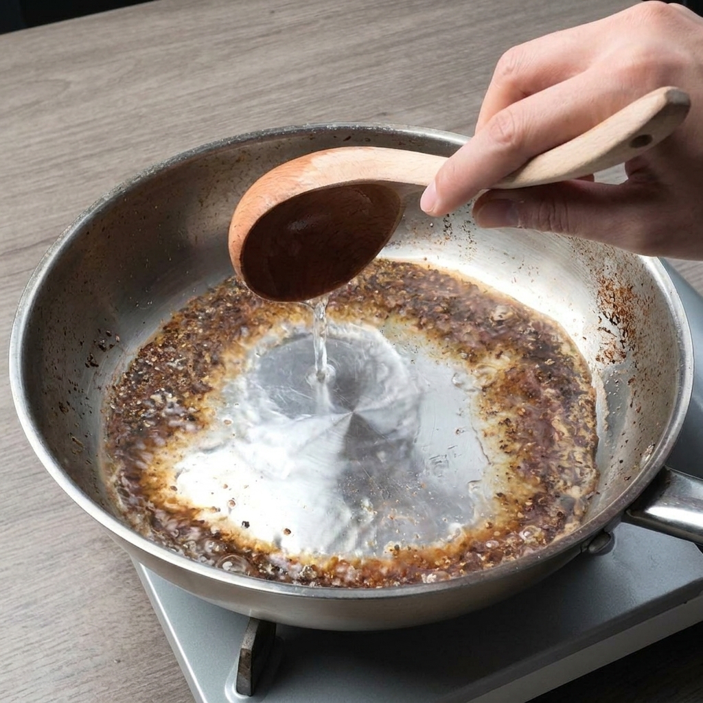炒めた黒胡椒に、お玉でパスタの茹で汁を注いでいる様子。
