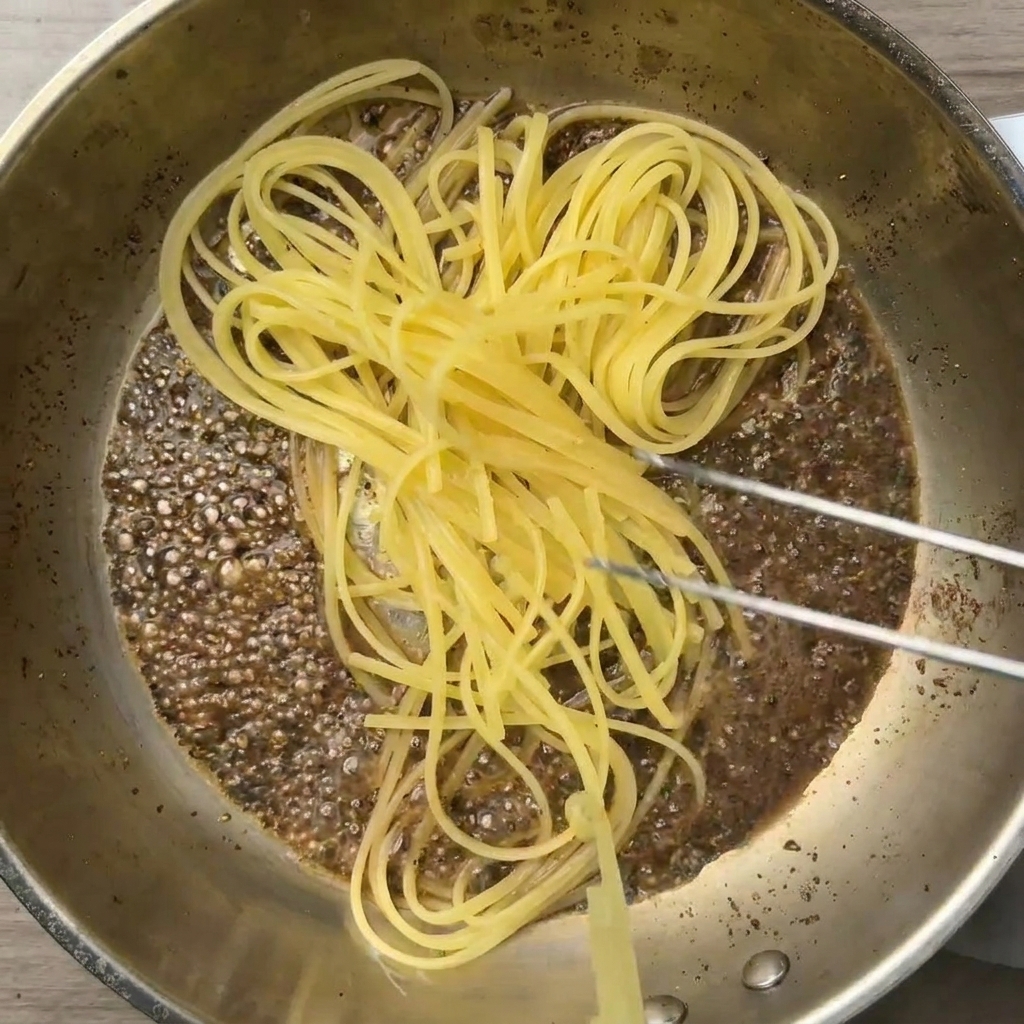 トングを使い、茹で上がる直前のスパゲッティをフライパンへ移している様子。
