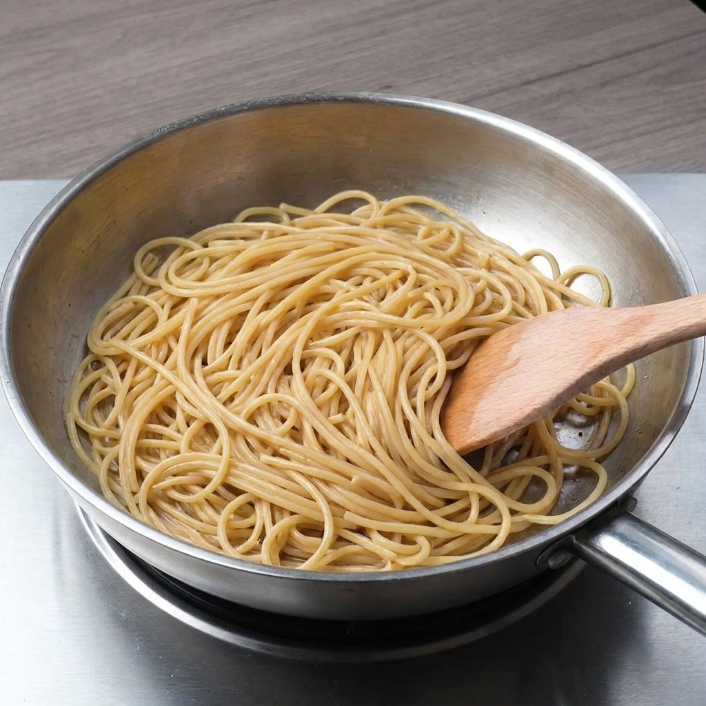フライパンの中でスパゲッティを木べらで手早く混ぜている様子。