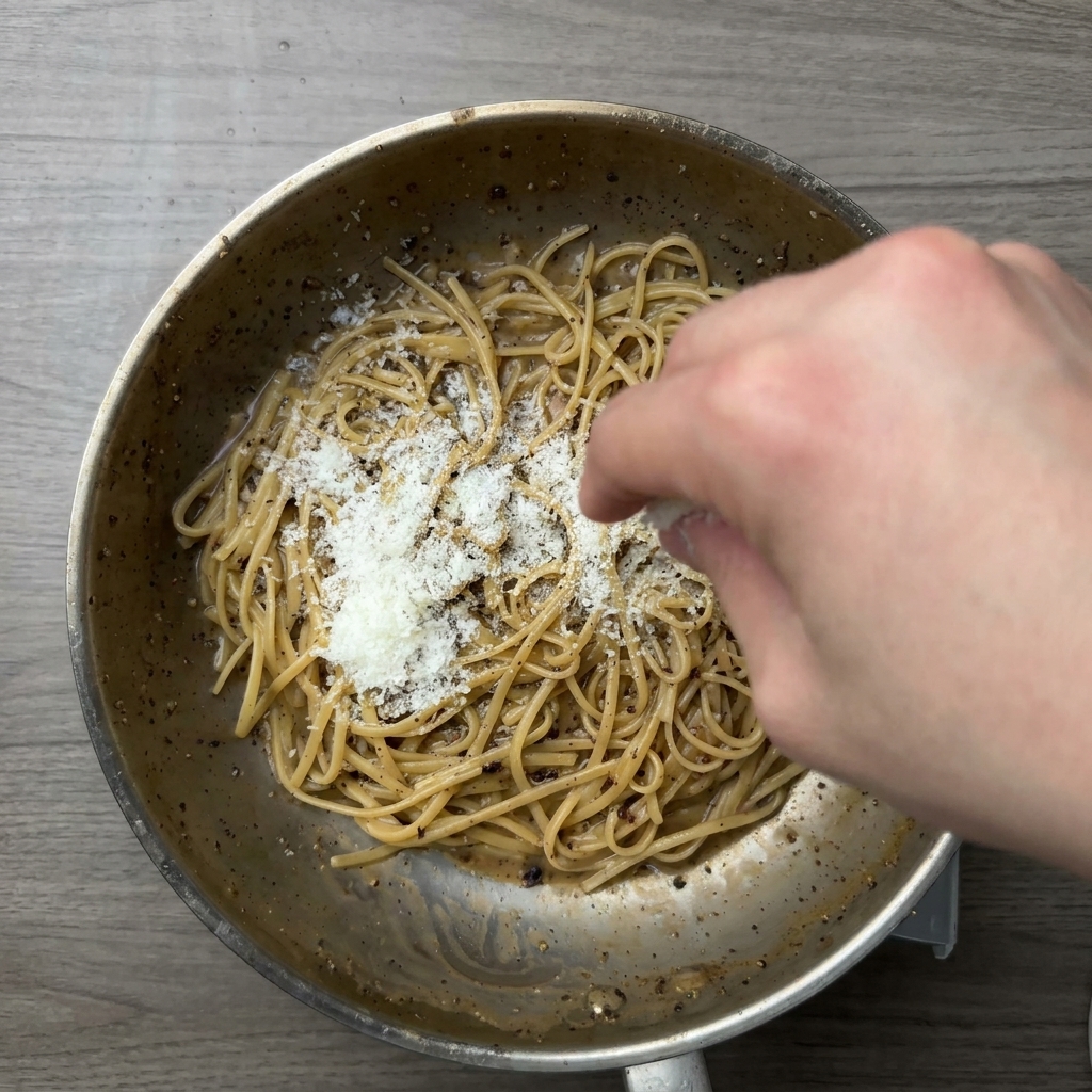 火を止めたフライパンのパスタに、すりおろしたチーズを振りかけている様子。