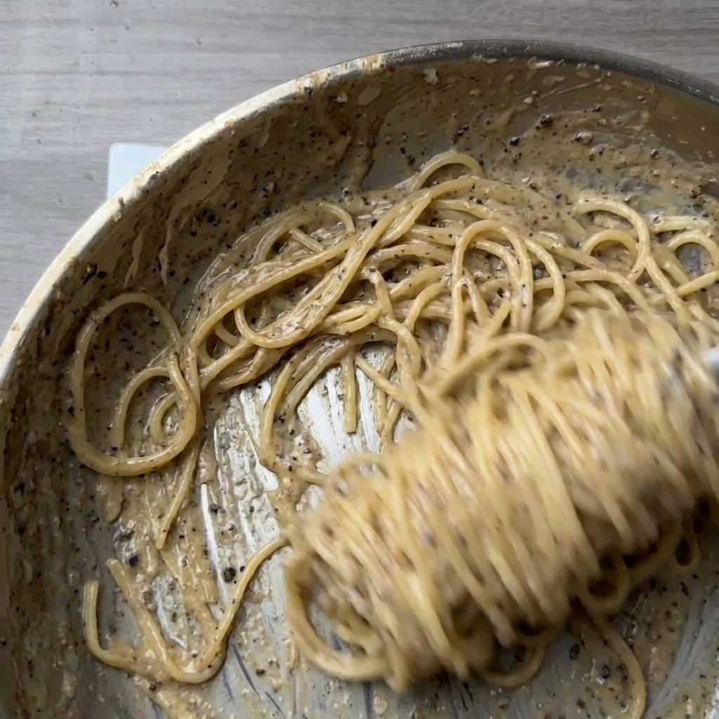 チーズが溶け、黒胡椒が絡んだクリーミーなソースのスパゲッティを激しく混ぜている様子。