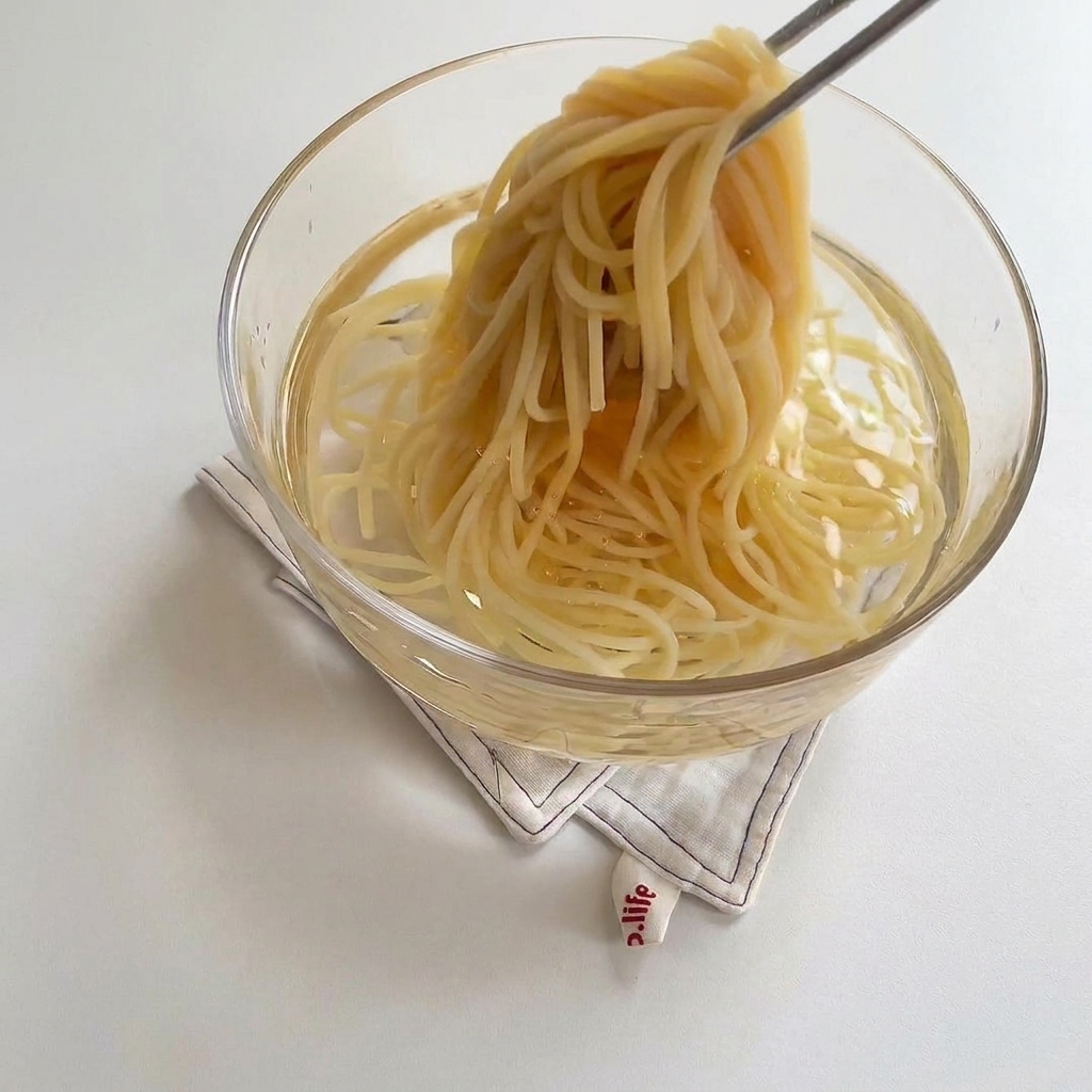 茹で上がったパスタを冷水の入ったボウルに入れている様子