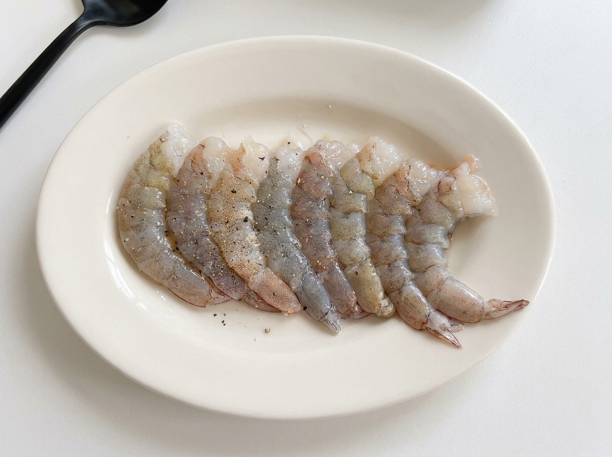 皿に並べられたむきえびに黒こしょうを振っている様子