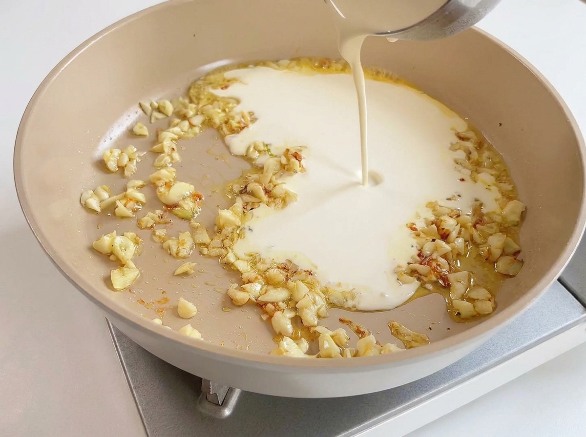 にんにくを炒めたフライパンに生クリームを注いでいる様子