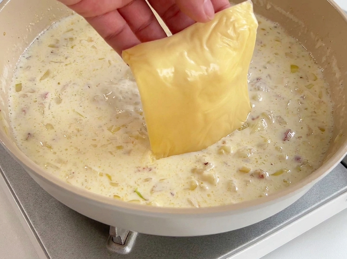 煮立ったソースにスライスチーズを入れている様子