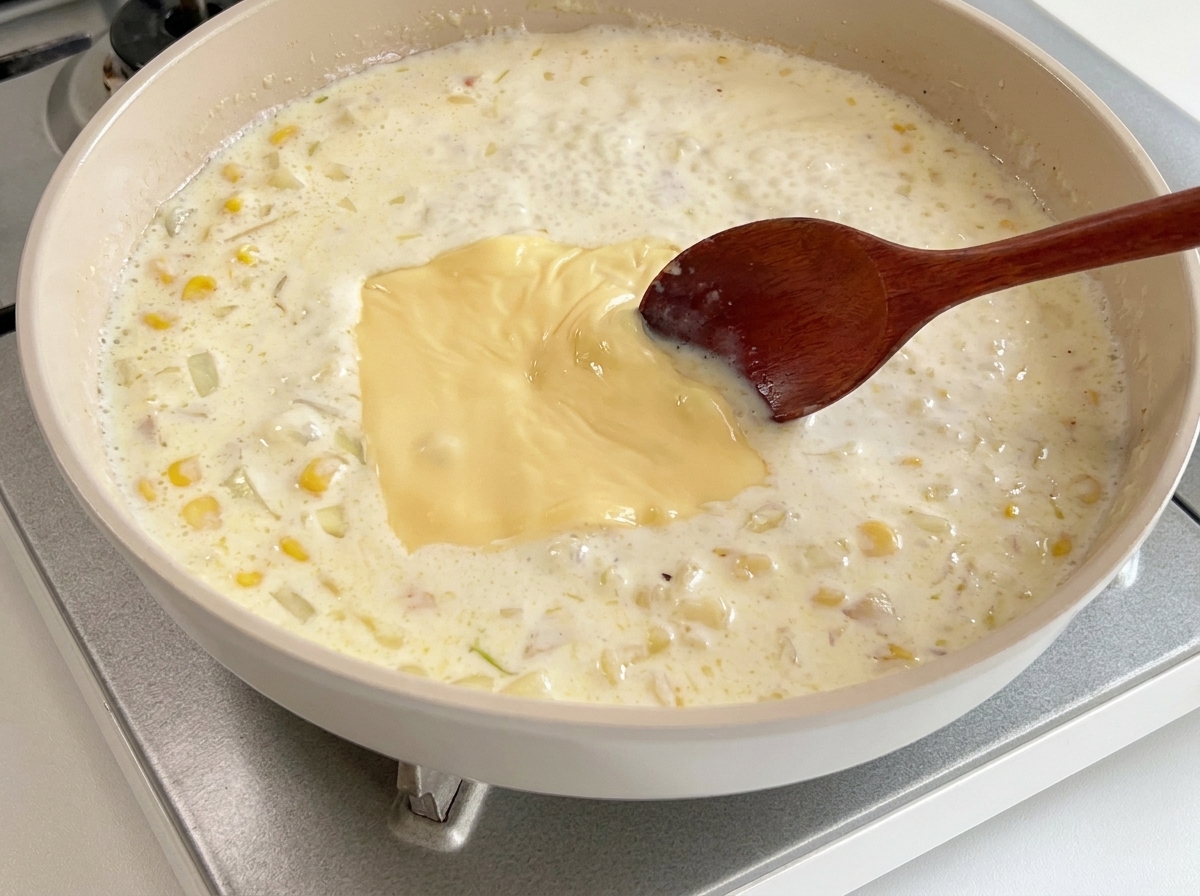木べらでソースの中のチーズを混ぜている様子
