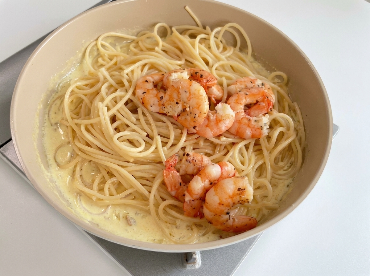 パスタの上に焼いた海老を乗せている様子