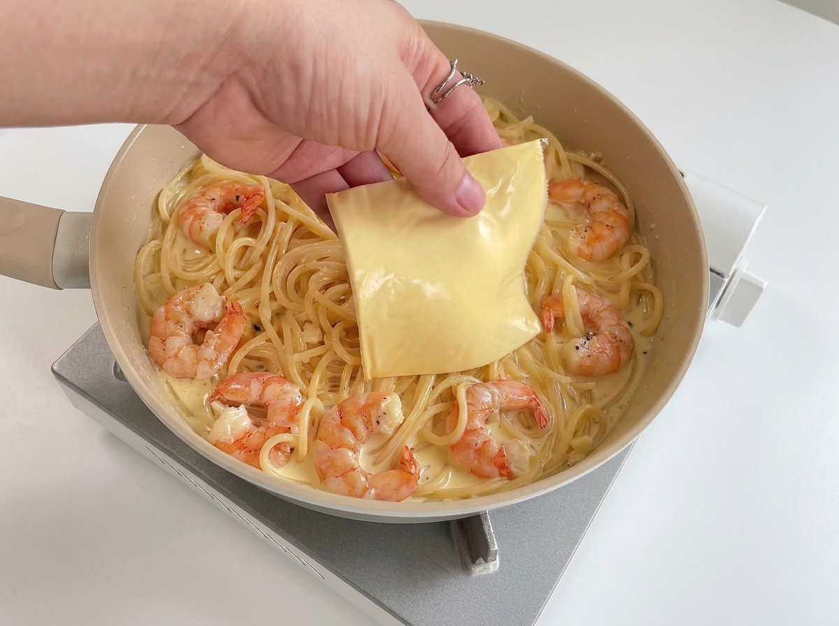 完成間近のパスタの上にさらにスライスチーズを乗せる様子