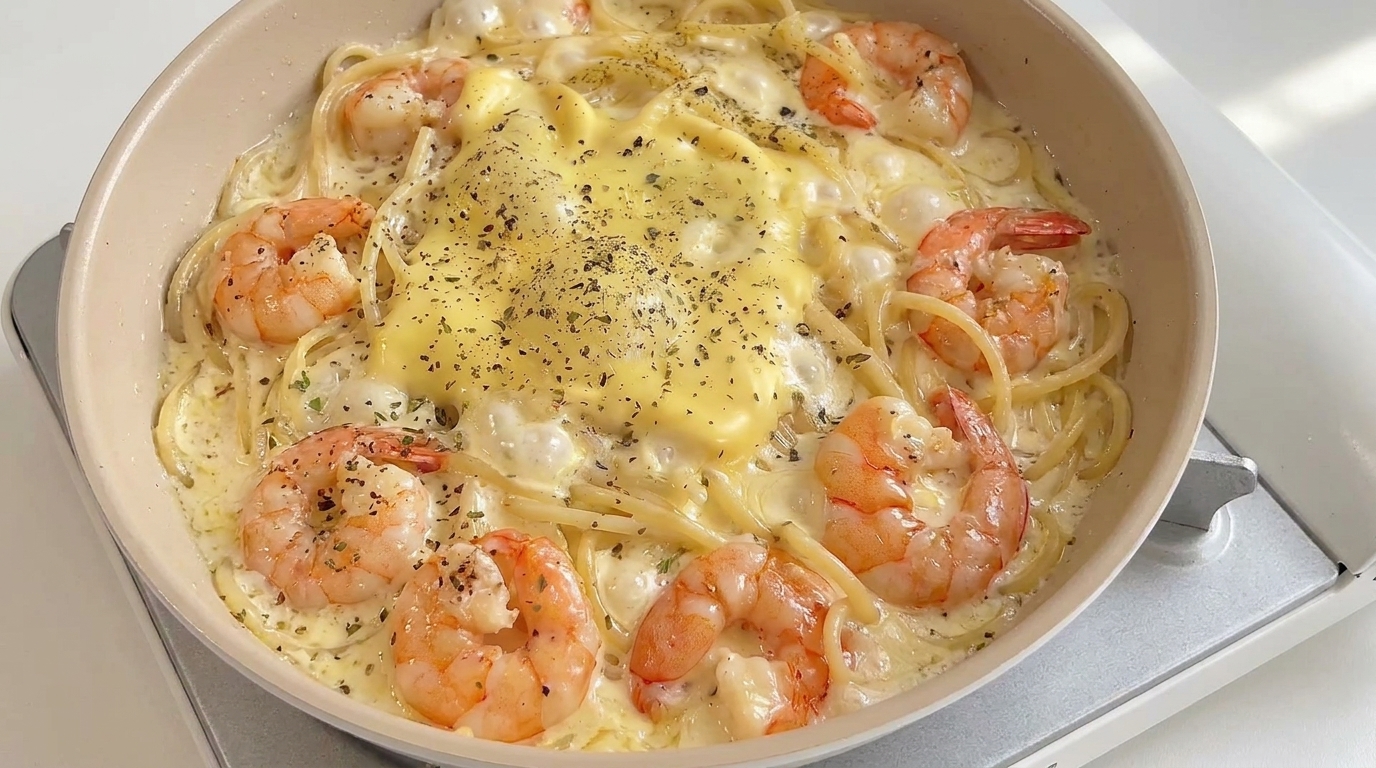 とろけるチーズの濃厚ガーリックバター海老クリームパスタ