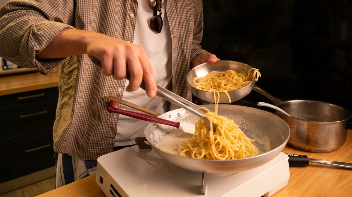 トングを使い、茹で上がった熱々のスパゲッティをチーズペーストの入ったフライパンに直接入れている様子。