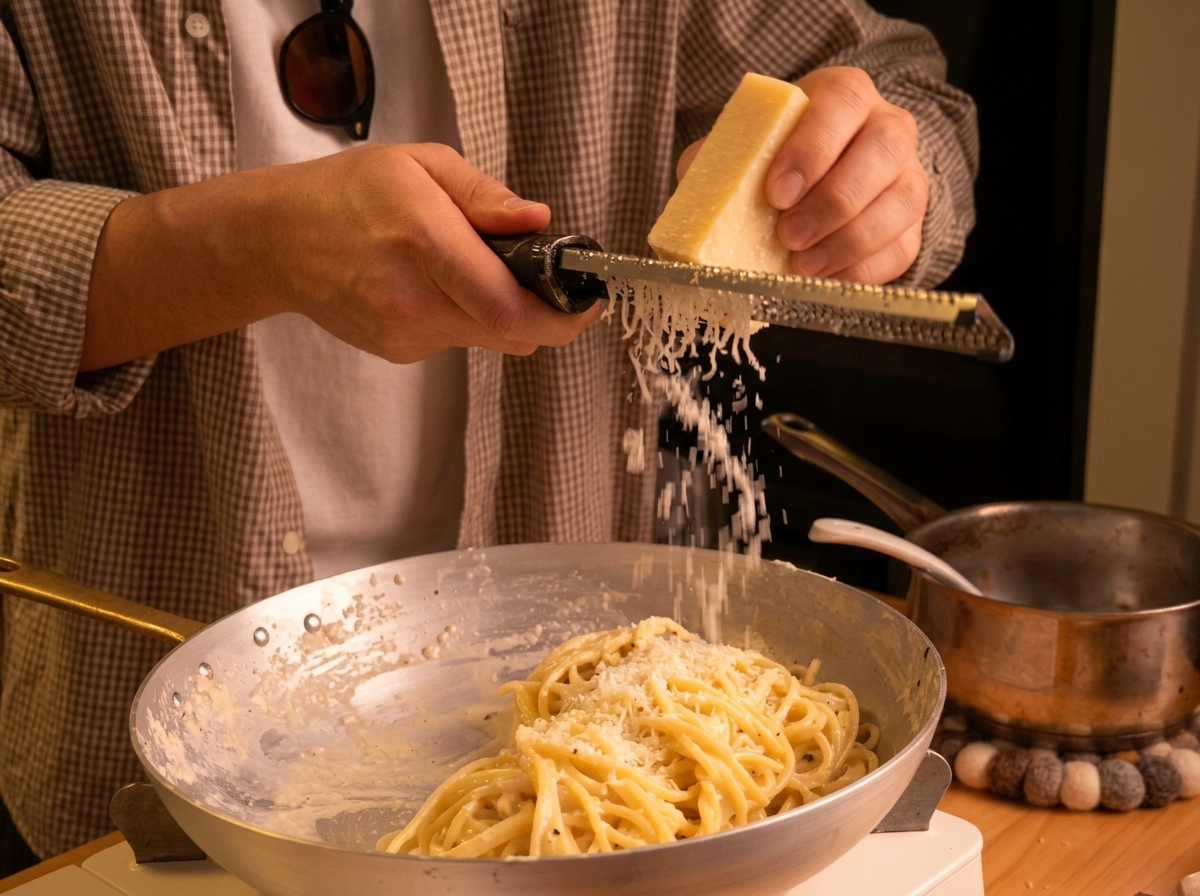 フライパンの中のパスタの上に、さらにおろし金で新鮮なペコリーノチーズを削りかけている様子。