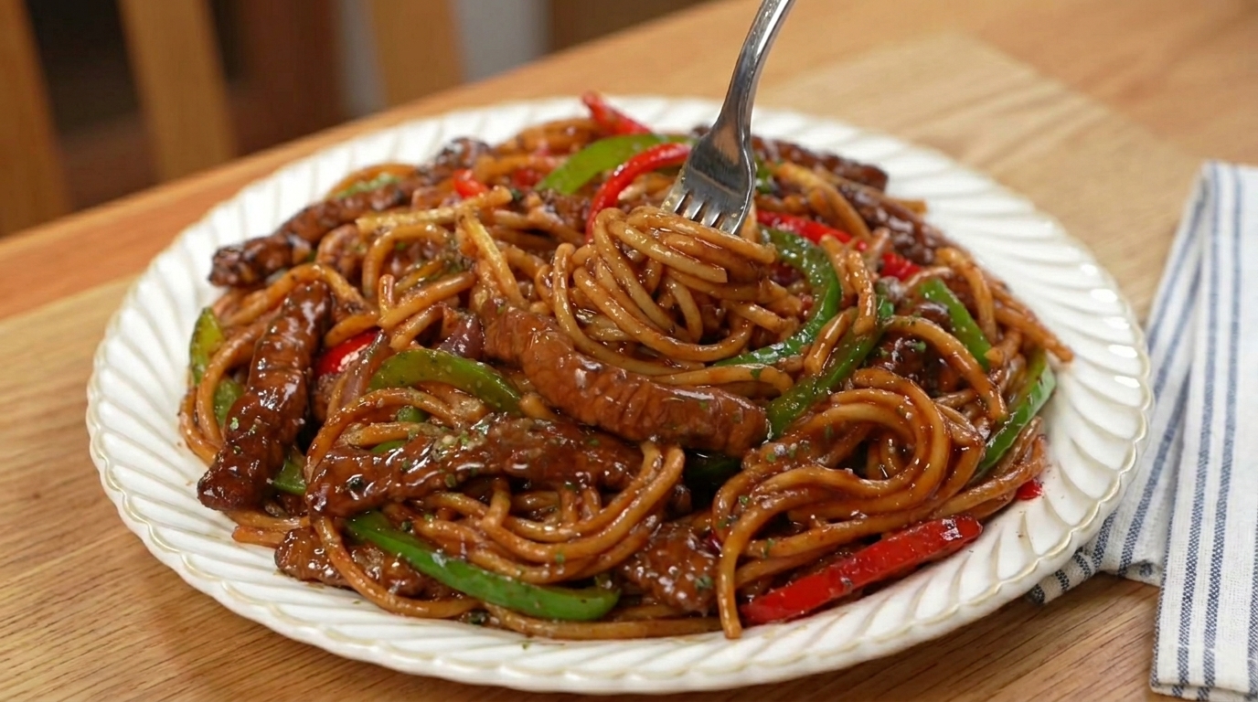 牛肉の黒胡椒炒めスパゲッティ（アジアン・フュージョン風）