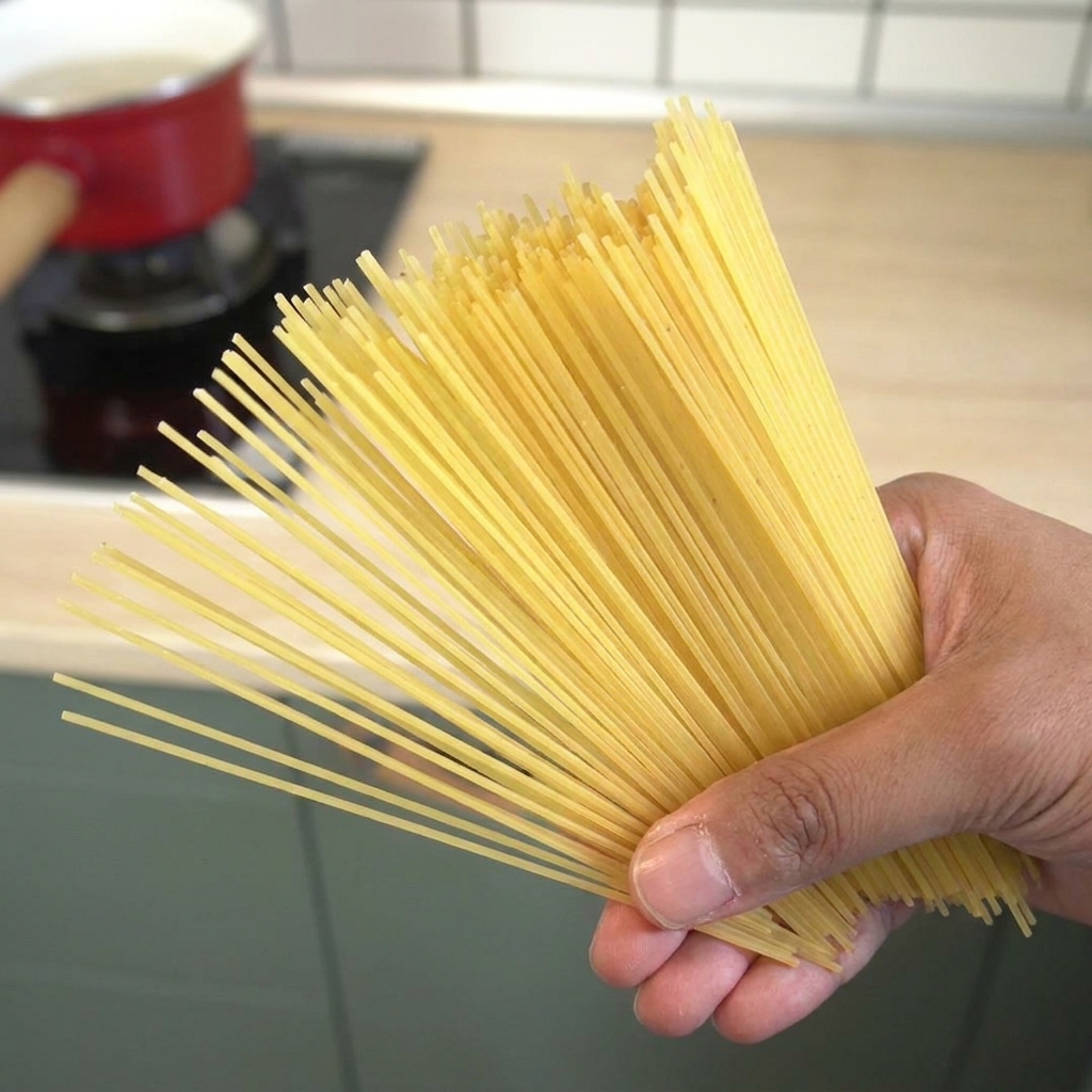 沸騰したお湯が入った赤い鍋に、乾燥したスパゲッティを入れている様子。