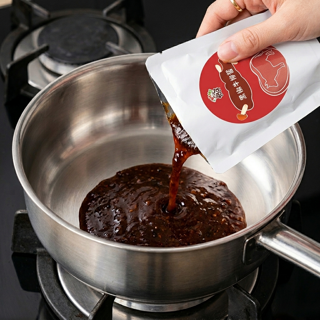 白い袋から、濃い茶色の黒胡椒牛肉ソースをステンレスのフライパンに注いでいる様子。