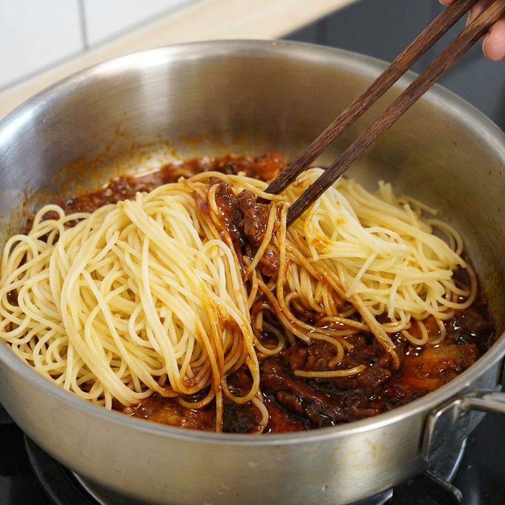 菜箸を使って、パスタとソースをフライパンの中で混ぜ合わせている様子。