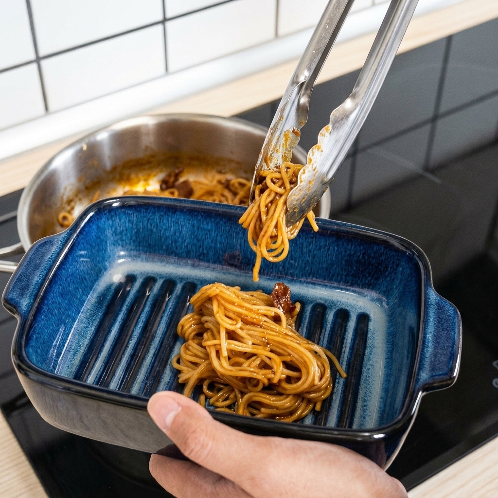 トングを使って、ソースの絡んだパスタを紺色のセラミック製耐熱皿に移している様子。