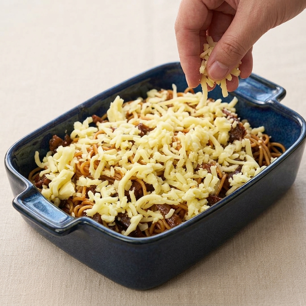 パスタの上にシュレッドチーズをたっぷりと振りかけている様子。