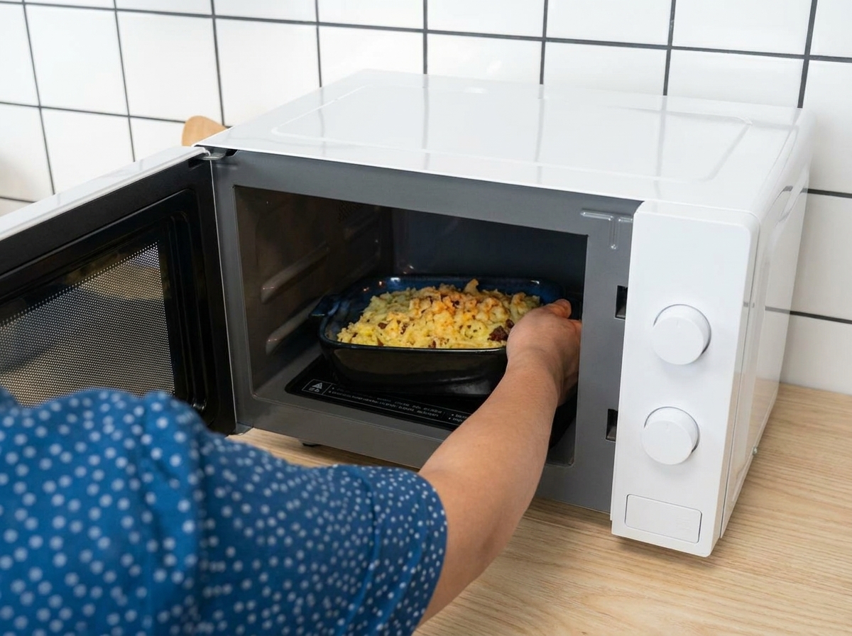 チーズをのせたパスタ皿を、白い電子レンジに入れている様子。