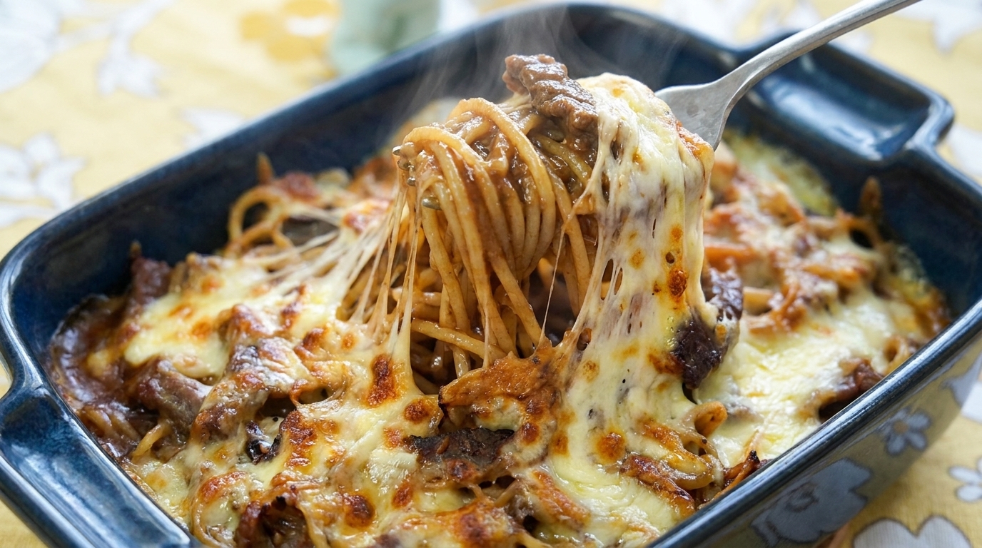 レンジで簡単！黒胡椒牛肉スパゲッティのチーズ焼き