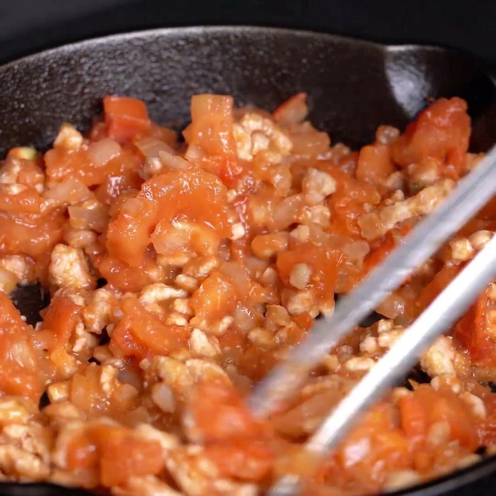 スキレットの中で、角切りのトマト、玉ねぎ、肉をトングで混ぜながら煮込んでいる様子。