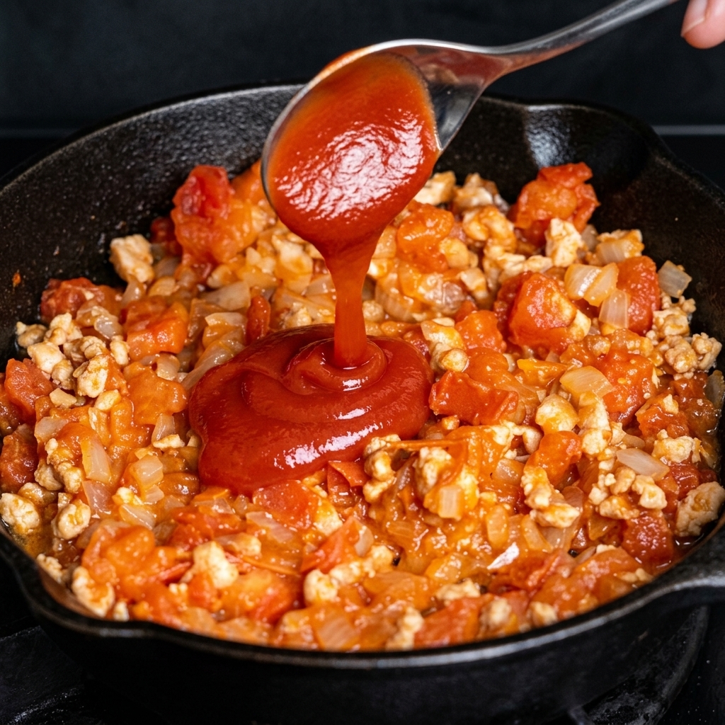 トマトと肉のソースが煮立つフライパンに、鮮やかな赤いケチャップをスプーンで加えている様子。