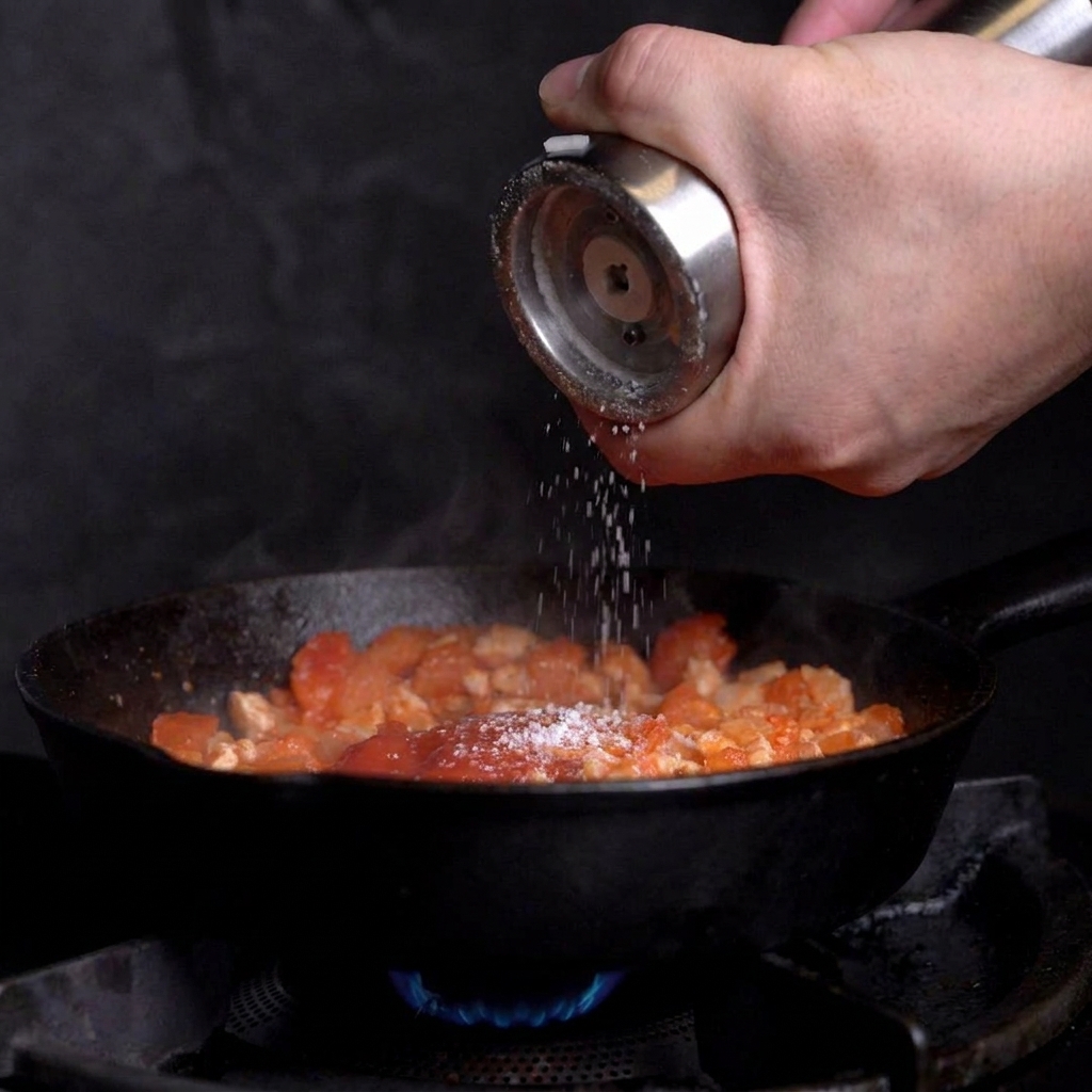 ぐつぐつ煮えるトマトミートソースの入ったスキレットに、挽きたての塩と黒こしょうを振りかけている様子。