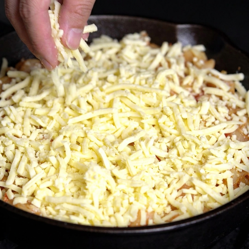 調理したパスタの入ったスキレット全体に、ピザ用の白いモッツァレラチーズをたっぷりと均一に振りかけている手。
