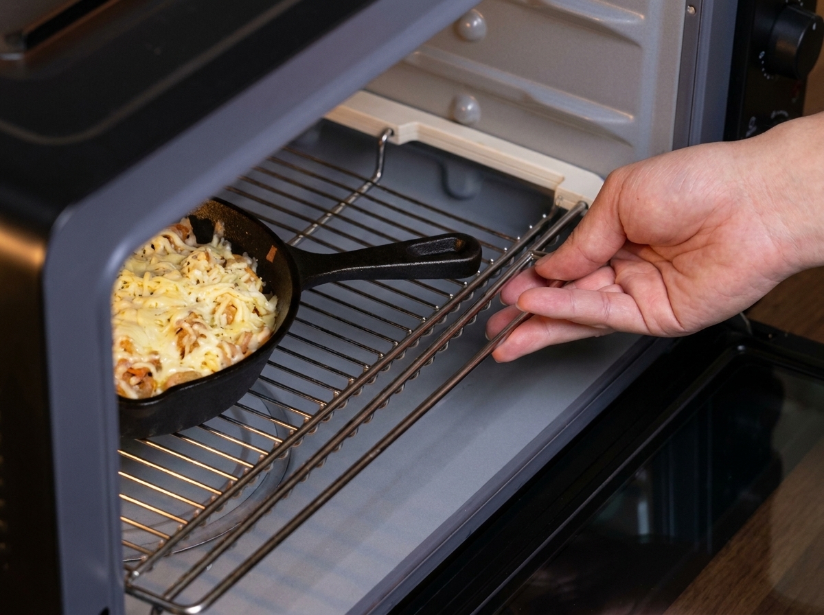 チーズたっぷりのパスタが入ったスキレットを、予熱したオーブンに入れている様子。