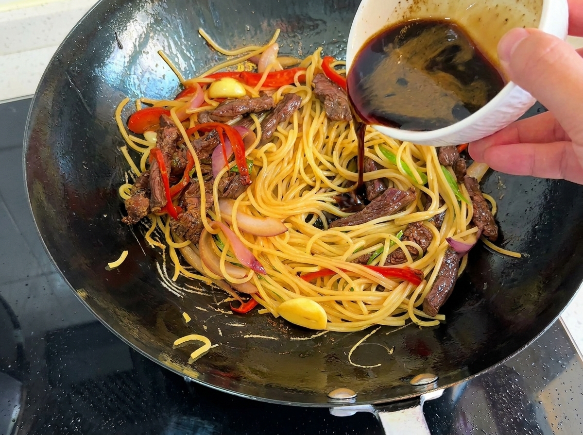 パスタの上から黒い合わせソースをかける様子。