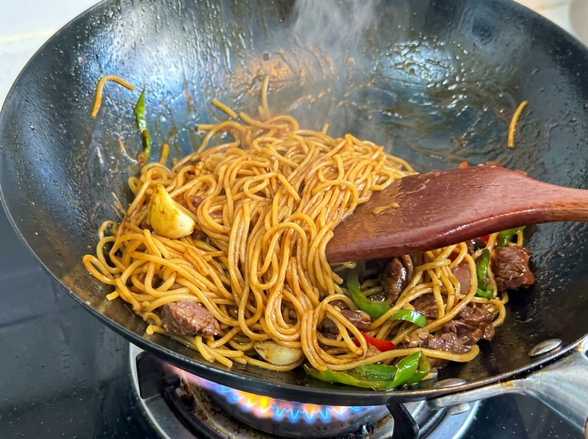 ソースがパスタにしっかり絡み、ツヤが出ている様子。