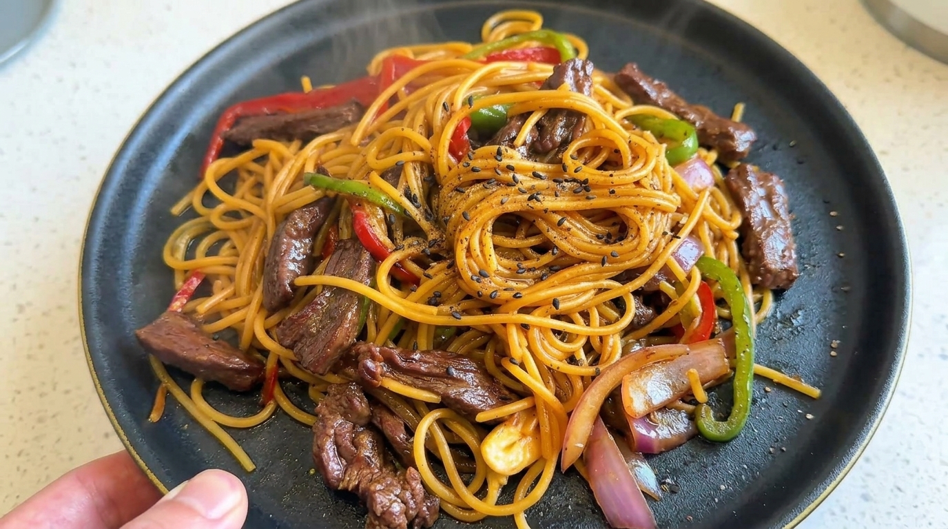 黒胡椒香る牛肉とパプリカの和えスパゲッティ